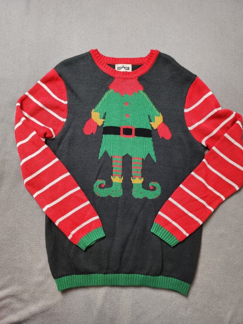 Distillery Elf Ugly Christmas Sweater Men's L Red Striped Sleeves Holiday Knit